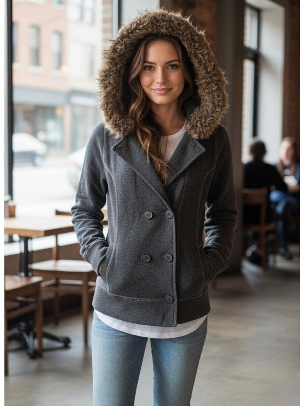 VTG Abercrombie Gray Faux Fur Trim Hoodie Jacket L | Y2K Indie Sleaze McBling